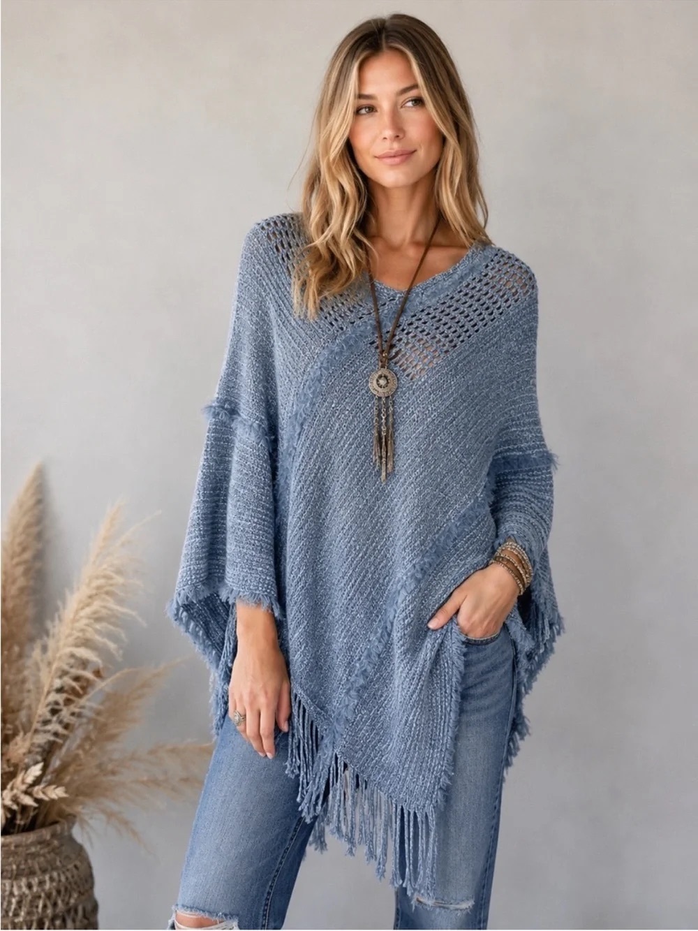 NATURAL LIFE Sky Blue Chenille Poncho Scarf Boho Fringe